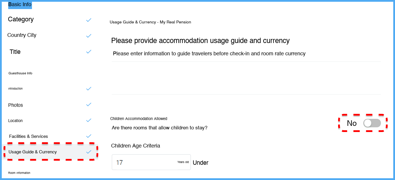 Children accommodation not allowed setting